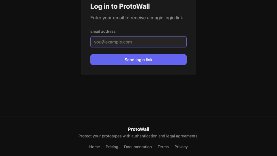 ProtoWall login page with email field and Send login link button