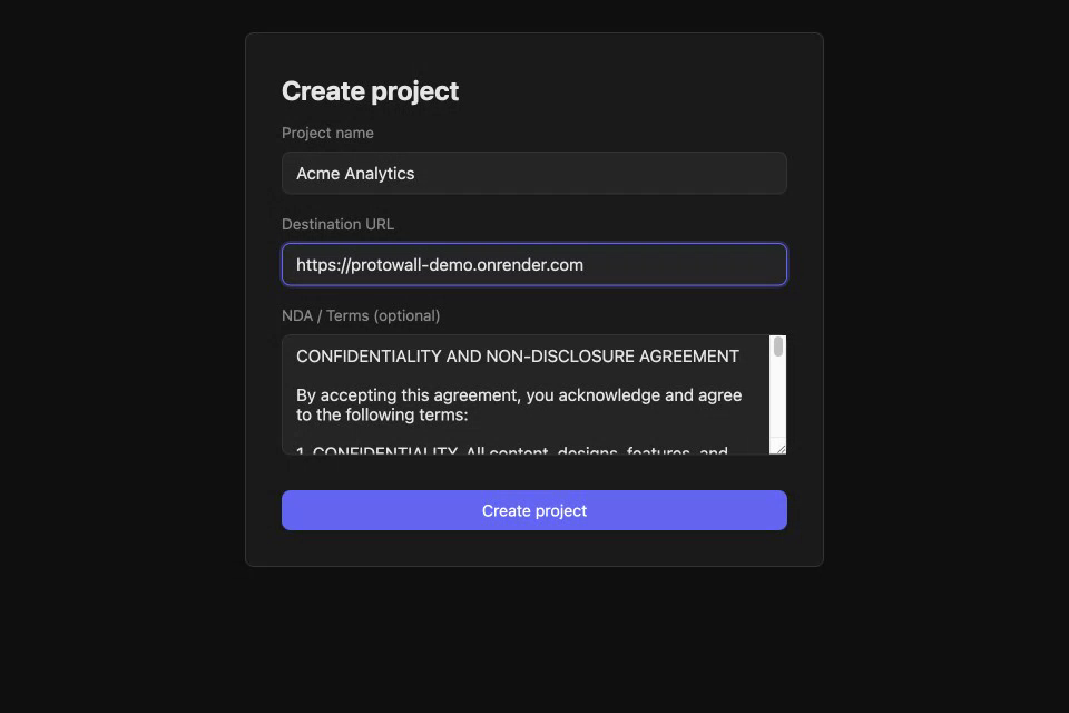 Create project form with name, destination URL, and NDA text fields