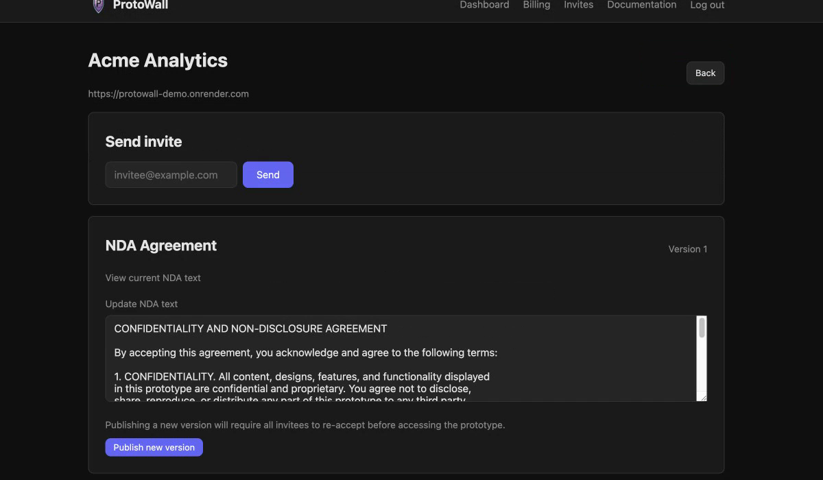 Project page showing Send invite field, NDA agreement, and invite list