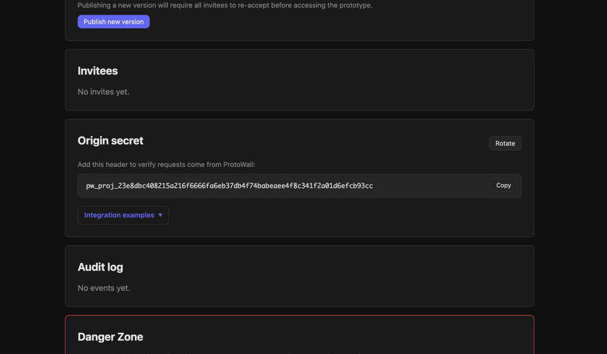 Origin secret section showing the secret value, Copy and Rotate buttons, and Integration examples link