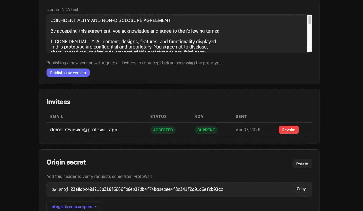 Project page showing invitee with Accepted status, origin secret, and audit log